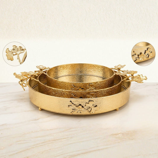 Luxury Round Serving Tray Set (3 Pieces) | Floral Butterfly Handle Design