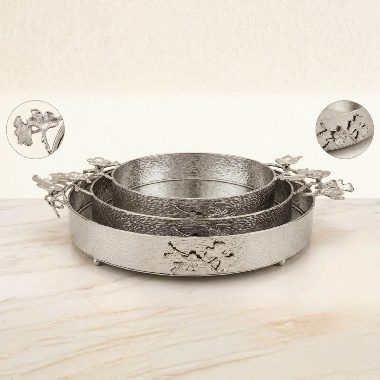 Luxury Round Serving Tray Set (3 Pieces) | Floral Butterfly Handle Design