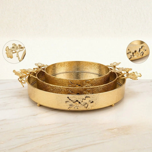 Luxury Round Serving Tray Set (3 Pieces) | Floral Butterfly Handle Design - Lawari Traders - Serving Tray