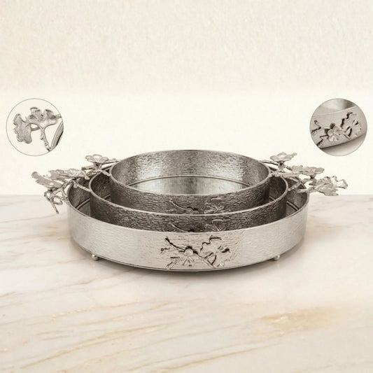 Luxury Round Serving Tray Set (3 Pieces) | Floral Butterfly Handle Design - Lawari Traders - Serving Tray