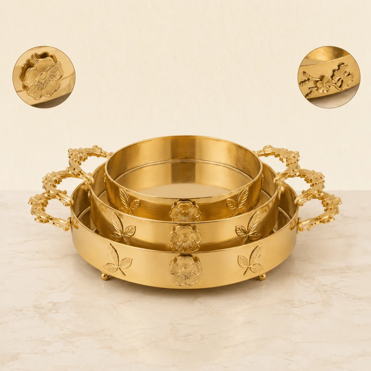 Luxury round serving tray set of 3 with intricate floral designs and elegant handles, ideal for entertaining.